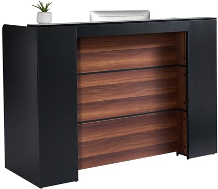 VEVOR Mostrador de Recepción 160 x 60 x 111 cm Mesa de Mostrador Frontal Rectangular de Material Principal de MDF con Luz LED para Caja, Vestíbulo, Salón de Belleza, Oficina, Negro y Marrón