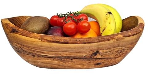 Cleminson Frutero ovalado de madera de olivo tallada a mano, diseño rústico y único, grano natural