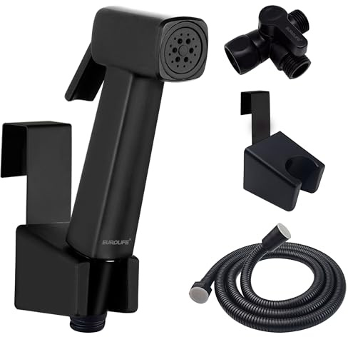 Eurolife Handheld Bidet Sprayer for Toilet, Lockable Push Button, High Pressure Bathroom Sprayer, Cloth Diaper & Personal Hygiene Sprayer, Tank Mount No-Drill Install, Stainless Hose Set, Black Color