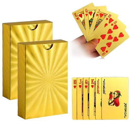 Waterproof Playing Set 2 Pack – Gold Plastic Poker Deck, Durable PET for Adults, Blackjack, Bridge, Beach Games, Camping – 54-Card Multipack with Jokers – UK Travel Game Gift