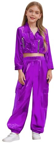renvena Tuta Sportiva Bambina Ragazza Giacche da Motociclista Giubbotto Pelle con Pantaloni Cargo Metallizzati Abito da Ballo di Strada Jazz Hip Hop Dancewear