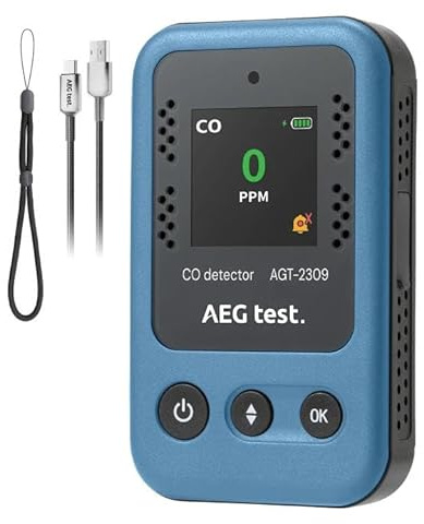 AEGTEST AGT-2309 Portable Carbon Monoxide Detector, 15-Day Standby, Rechargeable Mini CO Monitor with Lanyard for Travel & Camping, Handheld CO Meter with Audible & Visual Alerts, 0-1000ppm - Blue