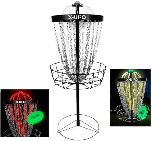 Disc Golf Basket with 24 Chains and 12 Lighting Strips Portable Disc Golf Frame PDGA Certified Golf Basket with Weighted Discs, Sturdy Shafts and Bases, Heavy Duty 24 Chains, 12 Night Lighting Strips