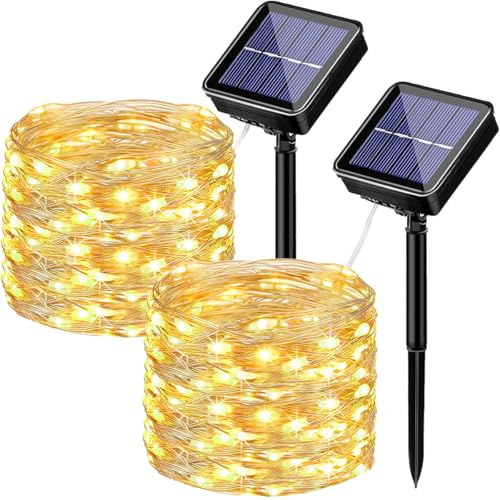 Solar Lichterkette Aussen, 2x12M 100 LED Solarlichterkette Außen (Warmweiß) Wetterfest 8 Modi IP65 Wasserdicht Kupferdraht Lichterkette Außen Solar Outdoor für Garten Terrasse Baum Hof Party