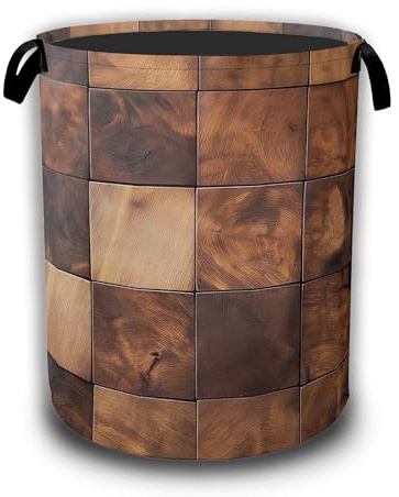 Brown Wood Squares Laundry Basket, Laundry Hamper Waterproof Oxford Cloth Tote Collapsible,Clothes Storage Bucket Decorative Toy Organizer For Bathroom Bedroom 16 x 20.8