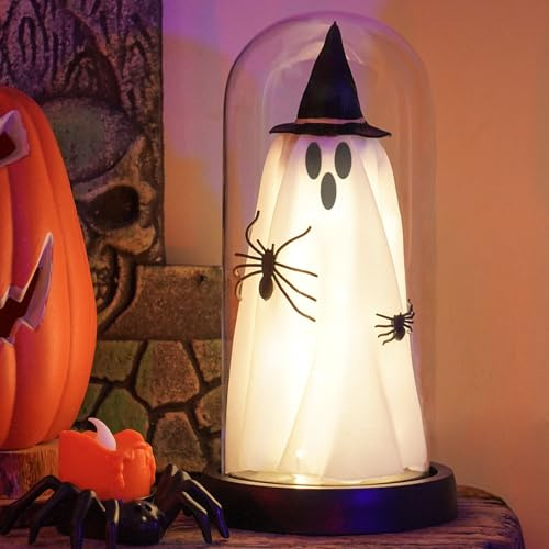 iLifemate Halloween Glass Dome Ghost Light – Spooky LED Table Lamp with Witch Hat & Spider for Indoor Halloween Decor, Battery Operated Haunted House Decoration for Home, Office, Mantel or Tiered Tray