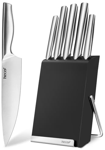 hecef Cuchillos Cocina con Bloque de Madera 6 Piezas, Acero Inoxidable Facas de Cozinha, Bloque de Cuchillos con Estante para Tabla de Cortar, Negro