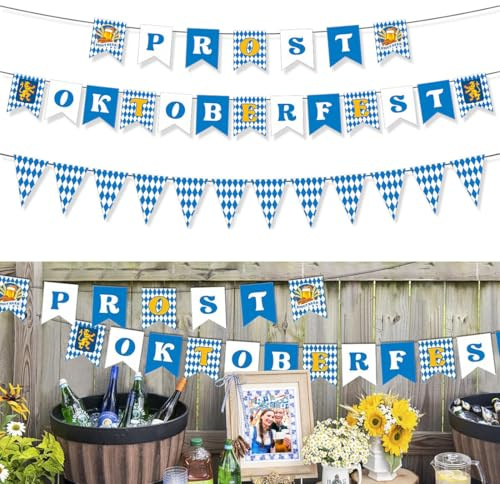 KEWUF Banderines Fiesta, Banderines Decorativos, Banderines Triangulares, Banderolas Fiesta, Banderines Decoración Azul, Banderas Colgantes para Cerveza, Oktoberfest, Cuerda Colgando Decoración