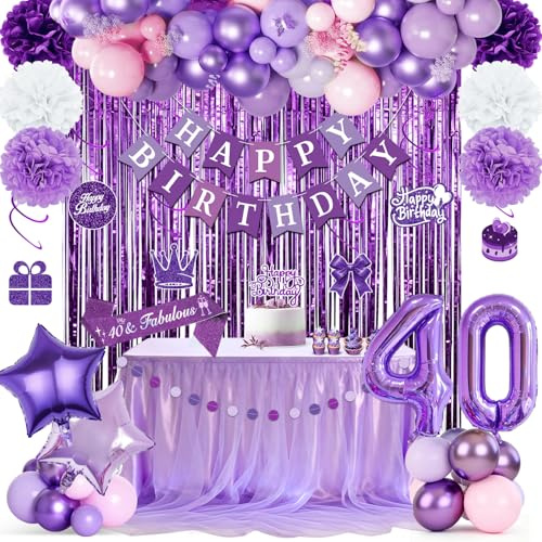 Decoraciones moradas para el 40 cumpleaños de una mujer, pancarta de feliz cumpleaños, globos morados, cortina de oropel morada, banda, pompones, espiral colgante