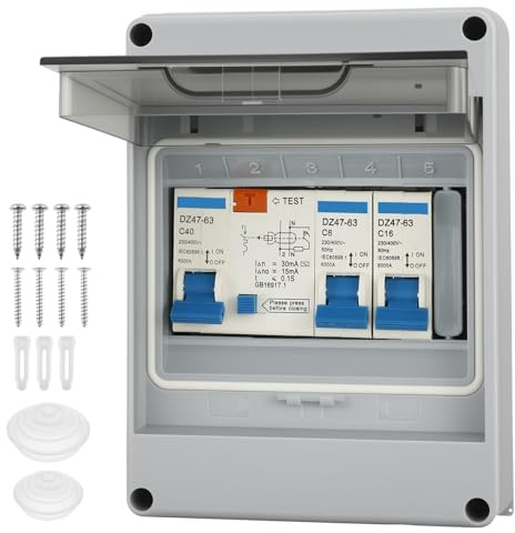 2 Way Garage Consumer Unit, IP65 Protection Garage Caravan Consumer Unit, 40A 30mA RCD 2MCB 6A+16A, Circuit Breaker, Anti-Leakage Fuse Box for Garages, Caravans, Workshops, Outbuildings