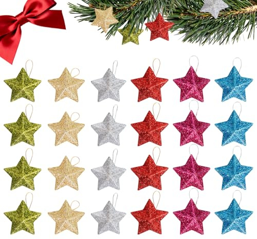 JURENEE 24 Stück Farbig Stern Weihnachtsbaum, PP Material Dreidimensionale Christbaumschmuck Sterne, Glitzernde Sterne Weihnachten Deko, Weihnachtssterne, Geeignet zum Aufhängen an Tannenbaum (Farbig)