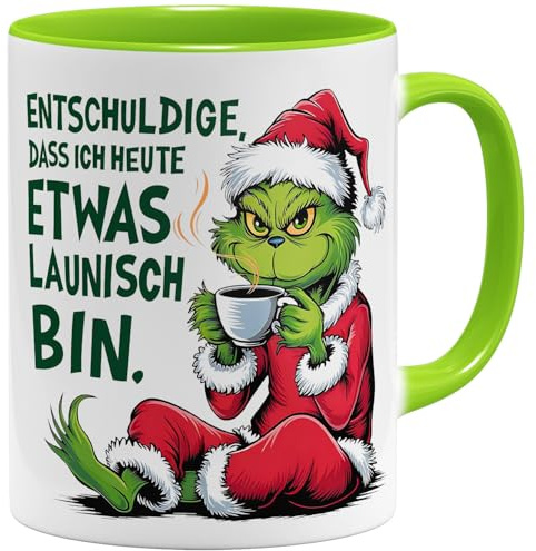 OM3® lustige Anti Weihnachten Kaffee-Tasse mit Spruch - Entschuldigung, dass ich so launisch bin - Keramik Becher - 325ml - Beidseitig Bedruckt - Hellgrün
