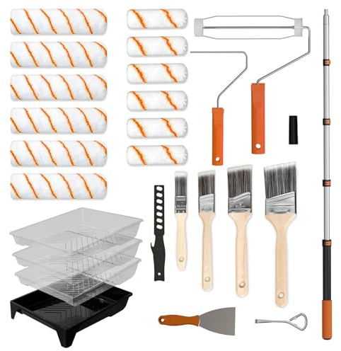 LAANPOLE Paint Roller Kit, 27 Piece Paint Supplies, 94 Paint Rollers, 1-4FT Extension Pole, Paint Brushes for Walls, Microfiber Roller Covers for Professional Painting, Orange