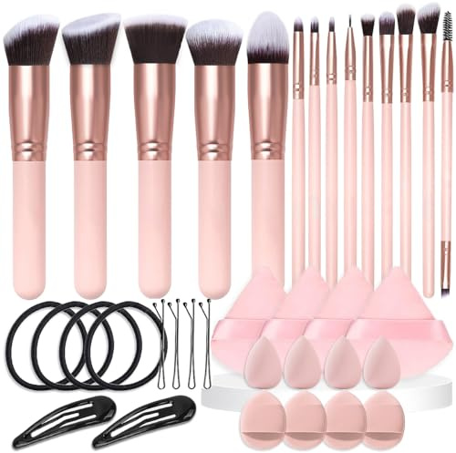 36pcs Makeup Brush Set with Soft Bristles, Face Eye Makeup Brushes Kit | Professional Foundation Brush Set, 4 Pcs Bobby Pin, 4 Pcs Hair Ties, 2 Pcs Snap Hair Clips