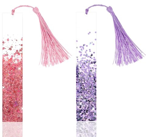 LXUEJIE 2 Pcs Lesezeichen Mädchen, 14.2 X 2.55 Cm, Für Frauen (Lila + Rosa) | Handgefertigte Transparente Blumenharz-Bookmarks Mit Glitzer Und Quaste, Teenager & Kinder