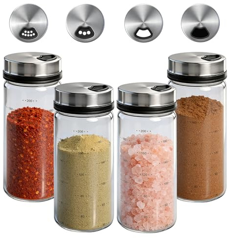 Connextion 4 stycken 200 ml kryddburkar med vridlock, kryddburkar, stora med 3 typer av kryddhål, borosilikatglas kryddglas, rund, kryddburk för kök, grillar, grillar, grillar, matlagning