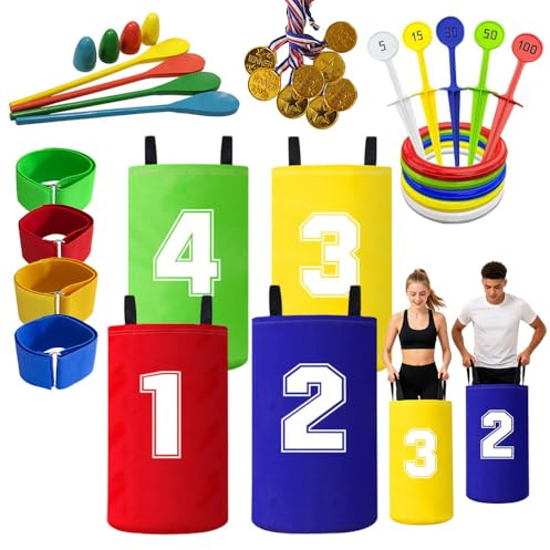 SKIKHN Giochi all'Aperto per Bambini, Giochi di Lancio Luminosi, Giochi per Feste, Lancio dell'Anello, Giochi da Giardino per Bambini, Corsa nei Sacchi, Corsa con l'Uovo e il Cucchiaio