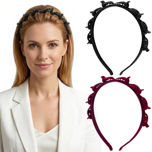 Lot de 2 bandeaux tressés avec pinces pour femme, double couche, pinces à cheveux avec dents, accessoires tressés vintage des années 90 pour le quotidien, les fêtes, les festivals (noir et rouge)