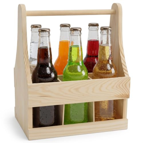 Bierträger Holz mit Tragegriff und Fächern für 6 Flaschen 24 x 16,2 x 29 cm | 24 x 16,2 x 29 cm, Buchenholz massiv, Platz für 6 Flaschen, Ergonomischer Tragegriff, Für Grillen Camping Picknick