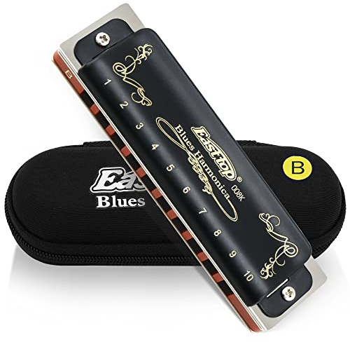 Easttop Harmonica Key of B 10 Holes 20 Tones Diatonic Blues Harmonica with Black Case