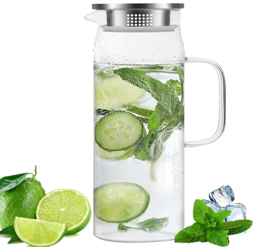 Sharemee - Bästa värmebeständiga glaskannan med lock i rostfritt stål, vattenkaraff med handtag, bra dryckeskanna för hemlagad juice och iste, 1200 ml/46 oz