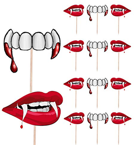 AK Giftshop Vampire Teeth Lips Halloween Party Food Cake Cupcakes Picks Sticks Decorations Toppers Stand Up Food Flags (Pack of 14)