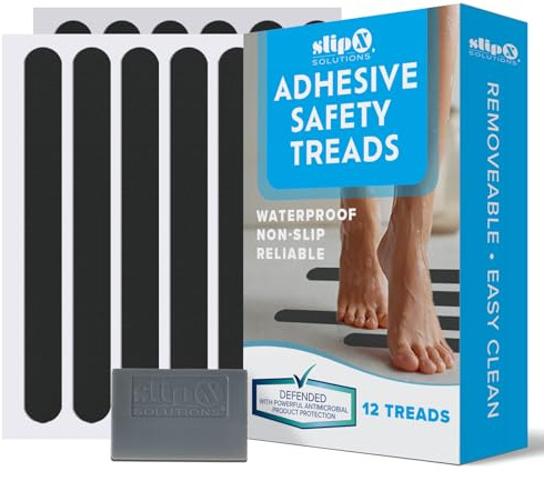 SlipX Solutions Adhesive Anti-Slip Safety Treads, Non Slip Shower Stickers, Reliable Grip for Bathtubs, Showers, Pools, Boats, Stairs & More, Safety Stickers (12 Pack, 7.5” x 0.75”, Black)