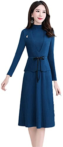 Elegantes Strickset für Damen, langärmelig, Kleid + Pullover, Weste, 2 Stück, blau, Groß