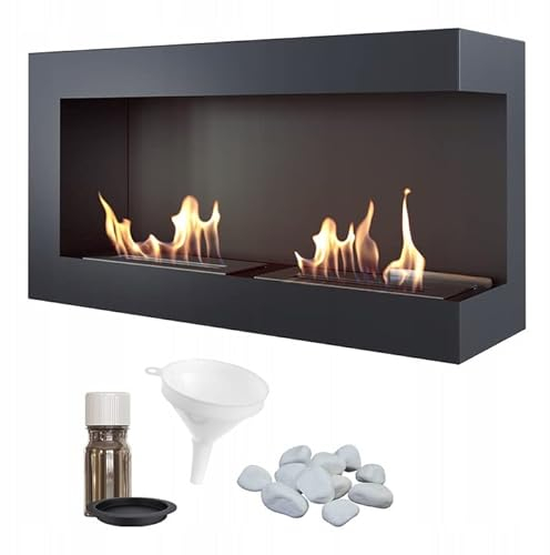 KRATKI Delta 900 Bio Ethanol Eckkamin Links + Kieselsteine + Trichter + Aromatherapie-Set | Wand- oder Nischenmontage l Biocontainer 0,5 l, TÜV | Stahl, Verglasung, 48 x 90 cm, Schwarz