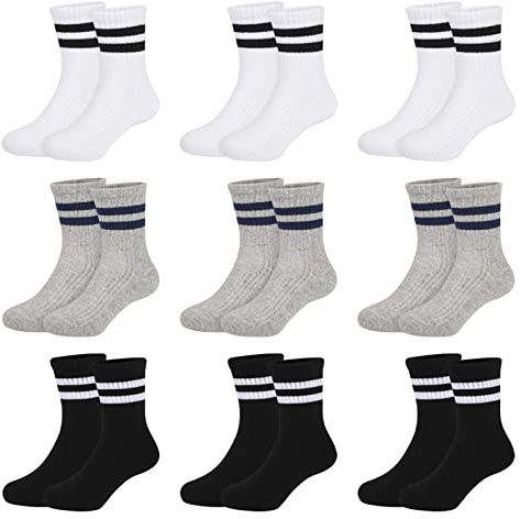 Auranso Socken kinder Tennissocken Jungen Kindersocken Mädchen (9 Paar) Baumwoll Sportsocken Weiße Schwarz Grau 27-30 31-34 35-38