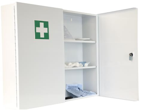 Erste Hilfe Verbandschrank DIN 13157:2021, Medizinschrank mit 3 Fächern (zweitürig), abschließbares Medikamentenfach & Sicherheitsschloss, aus Metall, 60 x 50 x 13 cm – groß, robust & zum Aufhängen