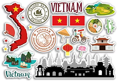 A5-Aufkleberbogen, Vietnam-Wahrzeichen, Vinyl-Aufkleber, vietnamesische Karte, Flughafen, Briefmarken, Skyline, Flagge, Reisen, Urlaub, Kultur, Stadt, ästhetisch #79858