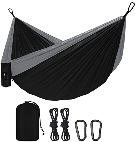 DULKET Camping Hammock Portable Ultralight Travel Hammocks Breathable Nylon with 5 FT Tree Straps for Outdoor Camping Hiking Backpacking Indoor Garden （150kg Capacity） (black-grey)