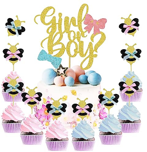 Gender Reveal Party Dekoration 1 Big ‘He or She’ und 12 Stück Süße Biene Cupcake Toppers Baby Shower Party Cake Decorations für Ankündigung Einer Schwangerschaft Gender