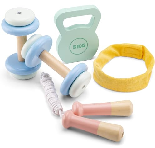 Woet Träningsset i trä med hantlar och hopprep, 5 delar | Träningsset för rollek, Träningsleksak för barn, Hantlar, Kettlebell och hopprep, Aktiv rollek, Från 3 år