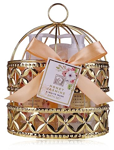Accentra – Duschset Frauen Geschenkset HONEY JASMINE in wunderschönem Drahtkorb – 3-teiliges Pflegeset mit Duschgel, Bodylotion und Badeschwamm – Wellness Geschenk Set zum Geburtstag, Valentinstag