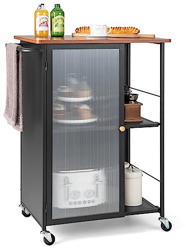 COSTWAY Kitchen Island on Wheels, Mobile Storage Trolley with Towel Rack and Lockable Wheels, Rolling Serving Utility Cart Organiser for Dining Room, Living Room, Black