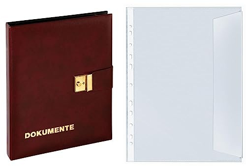 Pagna Dokumentenmappe (Dokumententasche, 4-Ring-Mechanik, 1H) weinrot & VELOFLEX 5345000 - Dokumentenhüllen, DIN A4, dokumentenecht, transparent farblos, 10 Stück