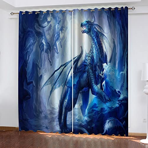 GSKOQD Vorhang Blickdicht 3D Druck Anime Blauer Drache Muster Verdunkelungsvorhänge 200X200Cm (B X H) Gardinen Mit Ösen Wohnzimmer Schlafzimmer Kinderzimmer Thermovorhang Ösenschal 2Er Set