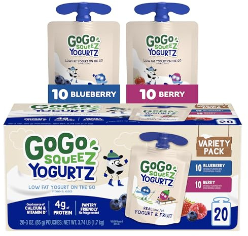 GoGo squeeZ yogurtZ Variety Pack, Blueberry & Berry, 3 oz (Pack of 20), Kids Snacks Made from Real Yogurt and Fruit, No Fridge Needed, Gluten Free, Nut Free, Recloseable Cap, BPA Free Pouches | Kinder-Snack, Heidelbeer- und Beeren-Geschmack, echter Joghurt und Obst; kein Kühlschrank erforderlich, gluten- und nussfrei