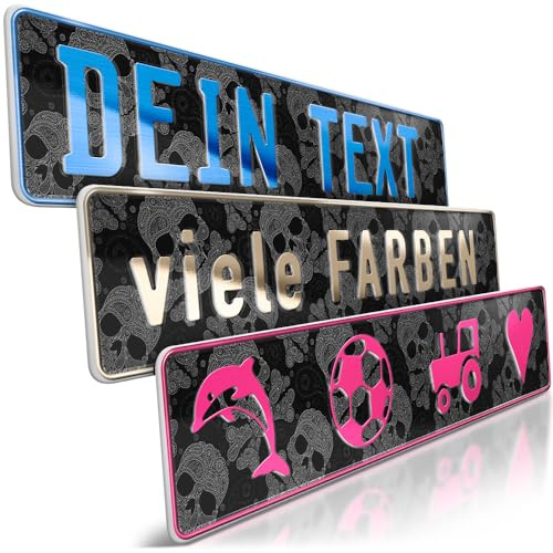 1 Fun-Schild geprägt | Skulls mit Wunschtext bis 16 Zeichen | Namensschild | Individuelles Fun-Kennzeichen aus Aluminium | Totenköpfe Auto-Kennzeichen | Optional Löcher & Saugnäpfe