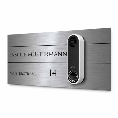 Hochwertiges Klingelschild für Arlo Video Türklingel Akku oder Kabel - personalisiertes Namensschild aus Edelstahl mit Gravur | kompatibel mit Arlo Klingel - hochwertiges Funkklingel Zubehör
