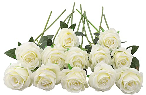 JOYHAZE 12 Pcs Artificial Roses, 19.7'' Single Long Stem Silk Flowers Blooming Roses for Wedding Home Party Office Decor, Table Centerpieces, DIY Floral Arrangements, Off-white