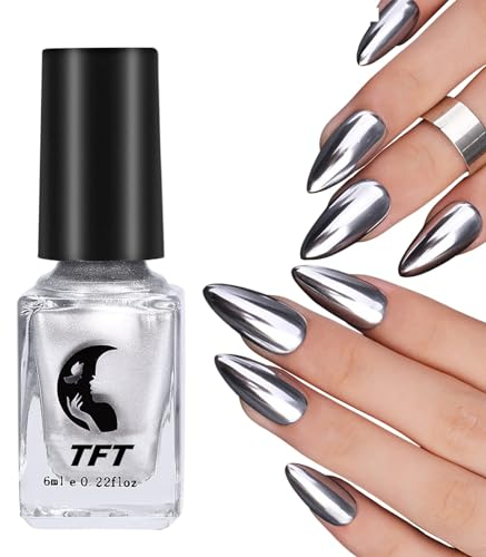 6ML Metallic Nagellack - Silver Spiegellack, Langlebiger Metallischer Effekt - Glänzender Chrom - Kein UV Benötigt (12 Silber)