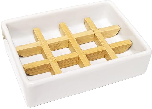 Bambus-Seifenschale aus Keramik, Seifenhalter für Dusche, Seifenschalen für Badezimmer, Küche, Schwämme, Holz-Seifenschale von Lofekea