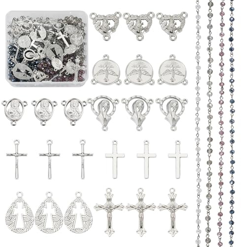 Crafans Rosenkranz Perlen Halskette Glas Perlen Ketten Silber Vintage Kreuz Anhänger Jungfrau Maria Kronleuchter Komponenten Links für DIY Halskette Armband Schmuck Herstellung, 36Pcs