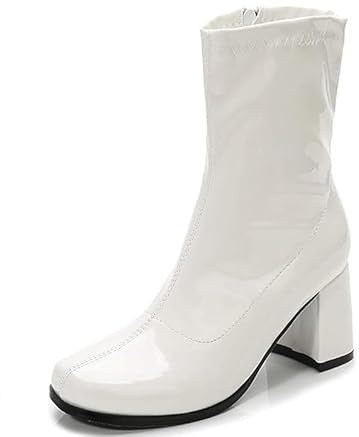 Golden Beads Women's Mid-Calf Block Heel Zipper Boots | Go Go Boots | Ankle Boots with Low Block Heel | Short Boots Shoes (White Patent, UK Footwear Size System, Adult, Women, Numeric, Medium, 8)