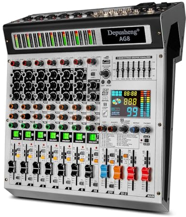 Depusheng AG8 Professional audio mixer 8 Channel with MP3 Player Source USB recording,With grouping and 2 AUX interfaces, 99DSP EFFECTfor Professional and Beginners