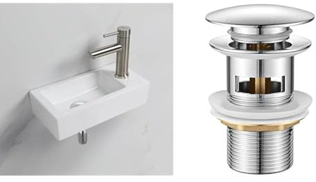 Ibergrif M41102-R, Lavabo Lave Main Blanc Rectangulaire en Céramique Suspendu pour Salle de Bains et WC & M20502 vidage Salle de Bain, Bonde de Lavabo Pop Up, Chromé, Argent