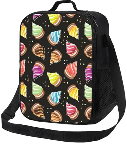 Loncheras aisladas para mujeres y hombres, para el trabajo, con estampado colorido de helado, color negro, para adultos, para mujeres y hombres, bolsa térmica suave aislada, pequeña bolsa de almuerzo